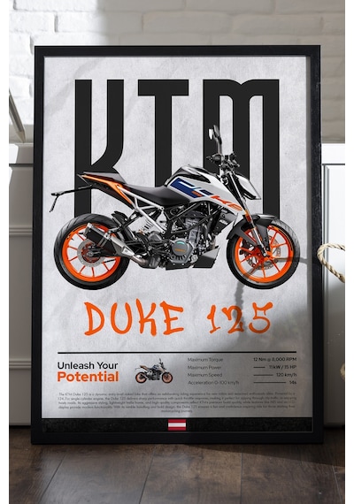 Ktm Duke 125 Siyah Ahşap Çerçeveli Poster, Dekoratif Motosiklet Duvar Tablosu