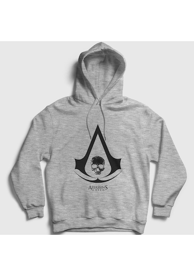 Presmono Unisex Skull Assassin's Creed Kapüşonlu Sweatshirt Gri Melanj