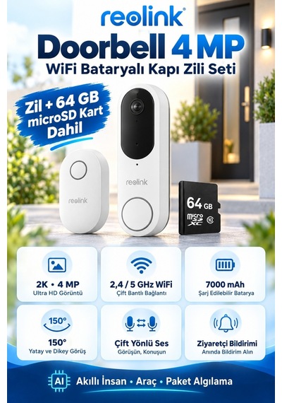 4mp Wifi Bataryalı Kapı Zili Seti + Kablosuz Zil Chime + 64gb Hafıza Kartı