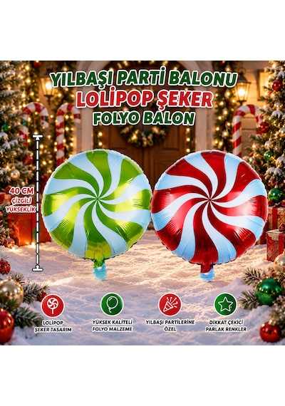 Vıp Yüksek Kalite 2 Adet 40 Cm Kırmızı Yeşil Lolipop Şeker Yılbaşı Balonu Lolipop Şeker Folyo Balon
