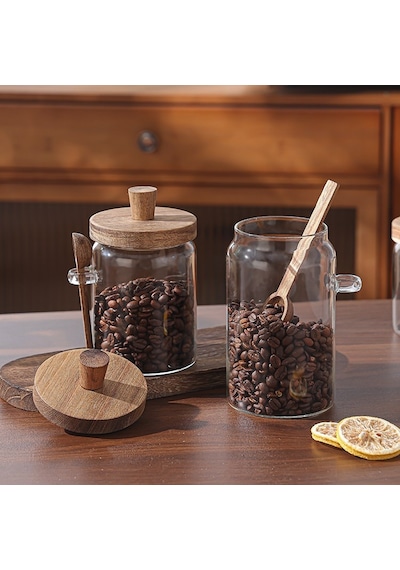 Qerhome 2'li Borosilikat Cam Akasya Kapaklı Ve Akasya Kaşıklı Cam Kavanoz Seti 450 Ml - 550 Ml Şeffaf