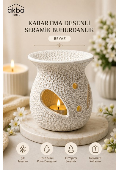 Kabartma Desenli Seramik Buhurdanlık Dekoratif Tealight Mumluk Oda Kokusu Difüzörü