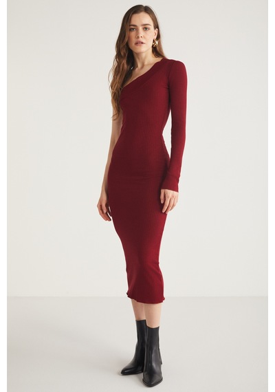 Ethıquet Reddısh Kadın Slim Fit Dar Kesim Vücudu Saran Kaşkorse Midi Boy Bordo Elbise