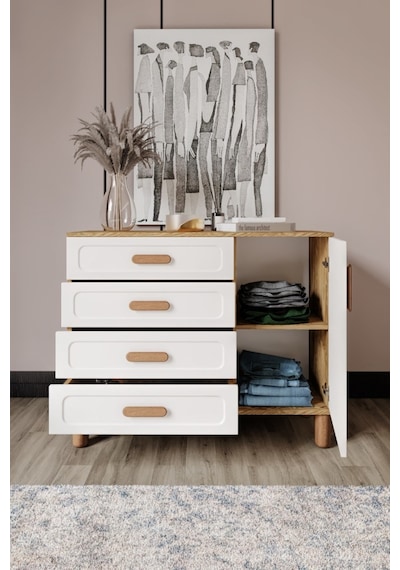 Flora Bohem Serisi 4 Çekmeceli 1 Kapaklı Şifonyer Modern Tasarım Mdf Mebran Kapak Aytaşı Ceviz 95x90 Ceviz - Ekru Flora Bohem Serisi 4 Çekmeceli 1 Kapaklı Şifonyer Modern Tasarım Mdf Mebran Kapak Aytaşı Ceviz 95x90 Ceviz - Ekru