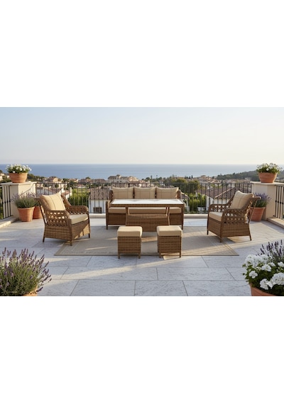 Lüks Rattan Oturma Ve Yemek Seti 7 Kişilik - Bahçe/balkon Kahverengi
