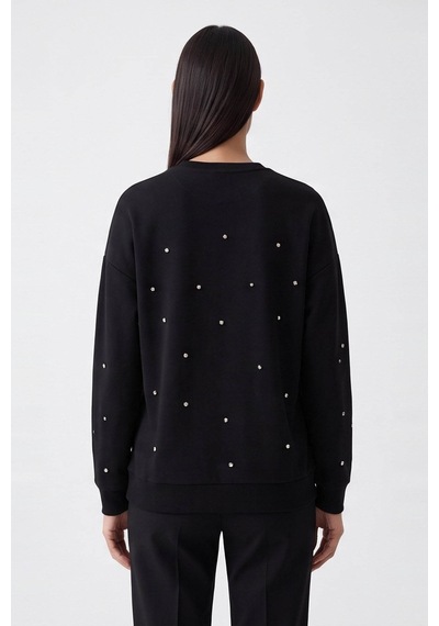 Fashion Friends Baskılı Taş Detaylı Siyah Kadın Sweatshirt 26k0151k1