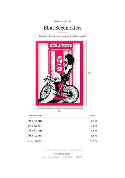Pembe Telefon Kulübesi Ve Bisikletli Kadın Metal Tablo 91x125 Cm Çok Renkli