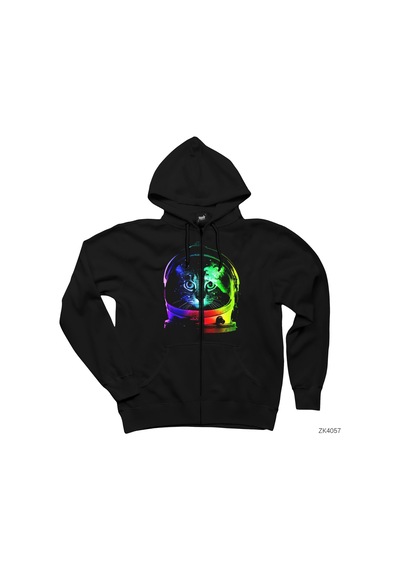 Kedi Galaksi Siyah Fermuarlı Kapşonlu Sweatshirt