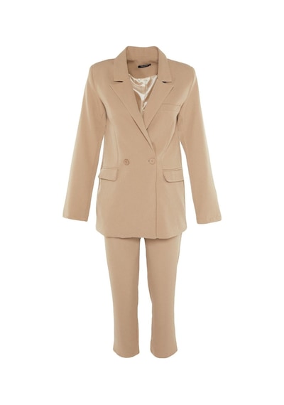 Ersefa Tarz Kadın Modern Moda Yüksek Bel Boru Paça Ceket Yaka Blazer Cek Vizon