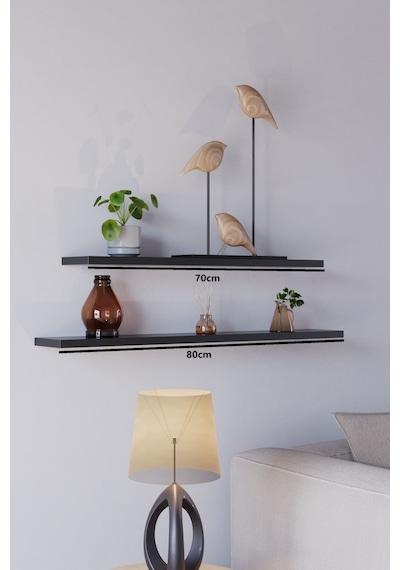 Yankı-BYEG 70 cm 80 cm 2li Mdf Mat Siyah Duvar Rafı Gizli Bağlantı Kitaplık