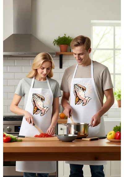 Kadın Unisex Mutfak Aşçı Önlüğü Dua Eden Eller Pizza Baskılı Sana Beyaz