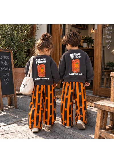 Juice Vibes Only Baskılı Sweatshirt Portakal Desenli Çizgili Alt Üst Takım 3iplik Siyah