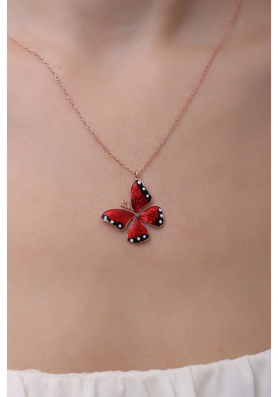 Gümüş Kırmızı Mineli Kelebek Kolye Wsn269