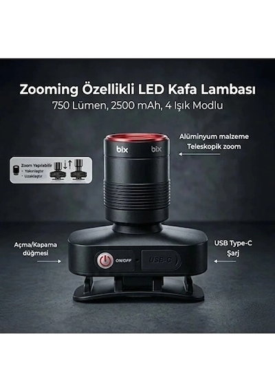 Bxt1fl 10w Şarj Edilebilir Kafa Feneri 750 Lümen 2500mah 4 Işık Modlu Zoom Özellikli Led Kafa Düz Renkli