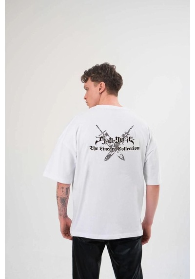 Erkek Kısa Kol Tişört Bisiklet Yaka Yonca Baskılı Oversize T-shirt - Beyaz