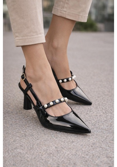 Modaonn Kadın Sivri Burun İnci Detaylı Slingback İnce Topuk Rugan Ayakkabı Siyah