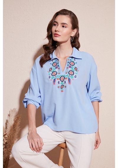 Lela Pamuklu Regular Fit Nakış Işlemeli Bayan Bluz 611Bz0181 Mavi