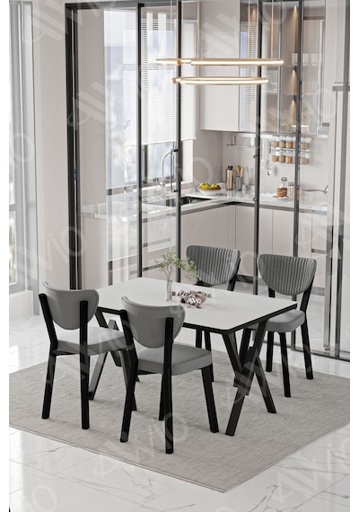 Avvio Pedra Elma Sandalye 80x120 Yemek Masası Mutfak Masası 4 Kişilik Masa Sandalye Takımı Beyaz