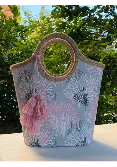 Jüt Hasır Pembe Mercan Plaj Çantası Pembe