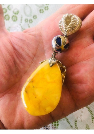 Doğal Kaya Damla Kehribar Lapis Lazuli Taşlı Kolye Ucu 21,35 Gram
