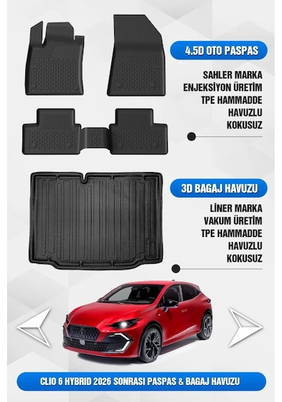 Renault Clio 6 2026 Ve Sonrası Uyumlu 4.5d Premium Havuzlu Oto Paspas Ve Liner Bagaj Havuzu