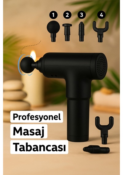 Derin Kas Masaj Tabancası Titreşimli, 4 Başlıklı, Kablosuz Şarjlı Siyah - 785794118