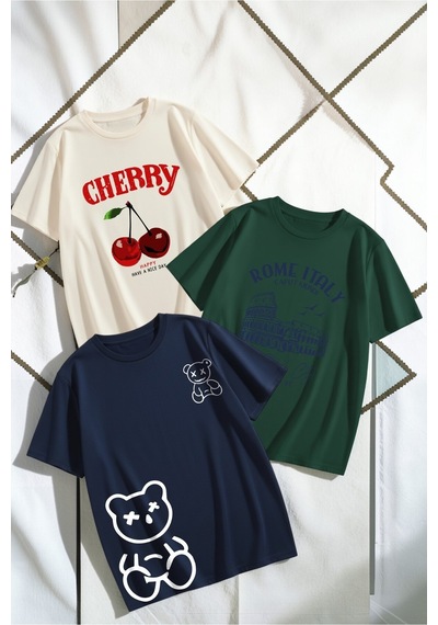 Uyguntarz Unisex Bej Lacivert Yeşil 3'lü Tasarım Tshirt Seti Çok Renkli