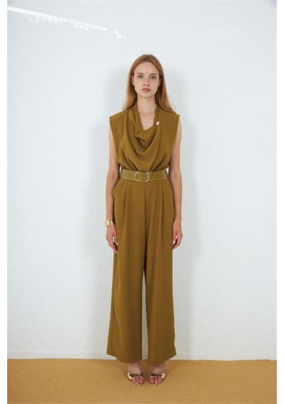 Neşeli Butik Kadın Yeşil Degaje Yaka Kemerli Kolsuz Geniş Paça Tulum Nbmy4030