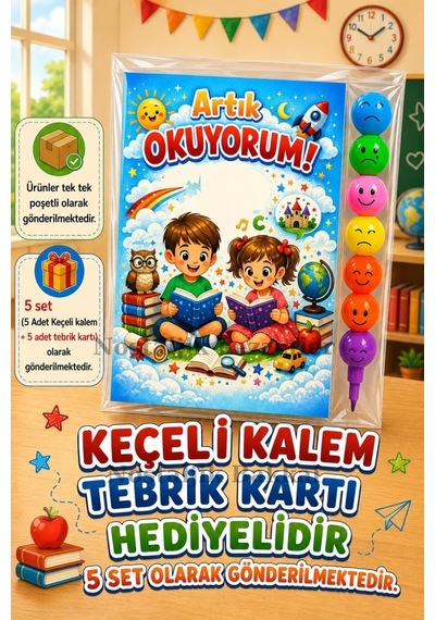 5 Set Yeni Okumayı Öğrenen Öğrencilere Hediye Artık Okuyorum Yazılı 1. Sınıf Hatırası Keçeli Kalem Tebrik Kartı Hediyeli