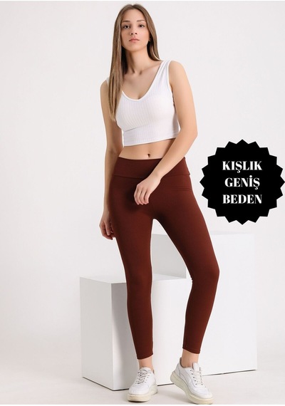 Banega Curve Büyük Beden Fitilli Şardonlu Kadın Yüksek Bel Toparlayıcı Kahve Kışlık Tayt Kahverengi