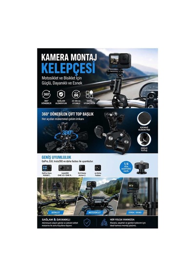 Motosiklet Bisiklet Gidon Kamera Montaj Metal Si 360 Döner Metal Tutucu Evimdeyokyok