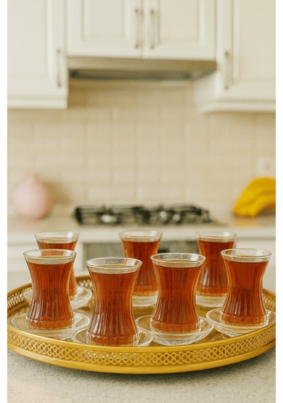 12 Parça Bakara Dekor Kesme Çay Seti - Özel Yapım Çay Bardak Tabak Şeffaf