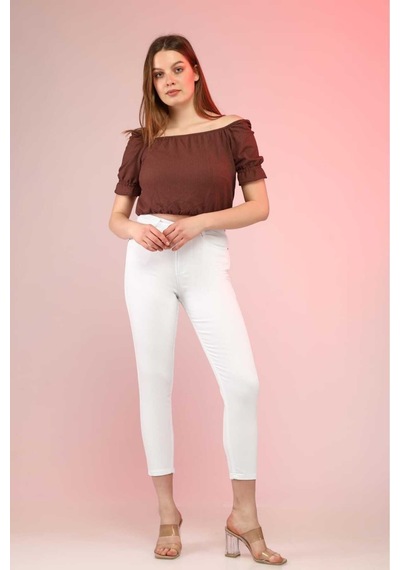 Kene Jeans Kadın Beyaz Yüksek Bel Keten Esnek Dar Paça Pantolon Beyaz
