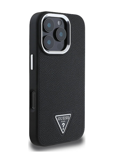 Apple iPhone 16 Pro Uyumlu Kılıf Magsafe Şarj Özellikli Guess  Lisanslı Grained Triangle Siyah