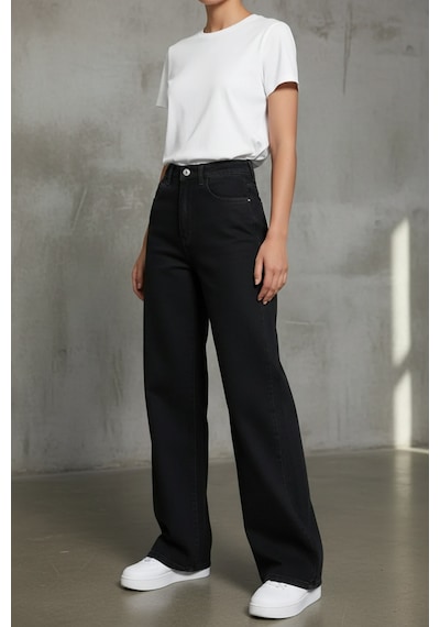 Woddi Heaven Kadın Yüksek Bel Siyah Salaş Wide Leg Jeans Geniş Paça Palazzo Kot Pantolon