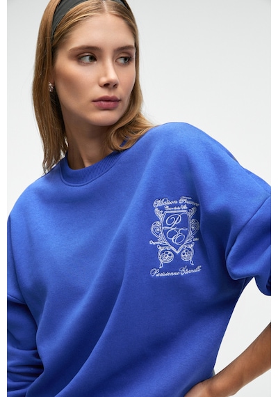 Grımelange AUDRA Kadın Oversize Yuvarlak Yaka Nakış Detaylı Mavi Sweatshirt