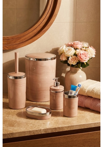 Makri Home Banyo Seti 5'li,yuvarlak,akrilik-çöpkovası, Wcfırçalık,sıvı Sabunluk,diş Fırçalık,el Sabunluk Somon