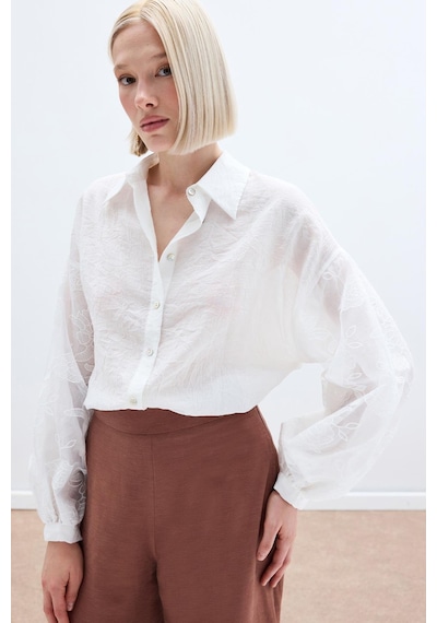 Sateen Nakış Detaylı Kraşlı Gömlek - Ekru-136256 Ekru