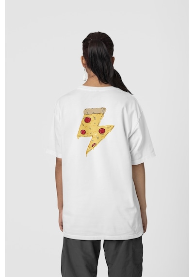 Pizza Ön-arka Baskılı %100 Pamuk Beyaz Kadın/erkek Unisex Rahat Kalıp Oversize T-shirt Beyaz