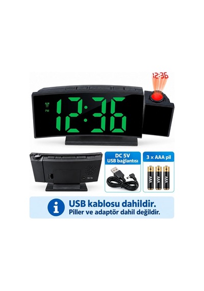 Projeksiyonlu Dijital Masa Saati Yeşil Led Ekranlı Alarm Snooze Sıcaklık Tarih Usb Ve Pil Diğer