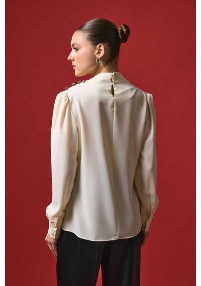 Düğmeleri Taş Detaylı Bluz - Sarı-136995