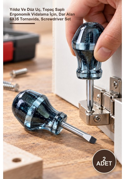 2 Adet Topaç Tornavida Seti Yıldız Ve Düz Uç, Topaç Saplı Ergonomik Vidalama İçin, Dar Alan 6x35 Tornavida, Screwdriver Set