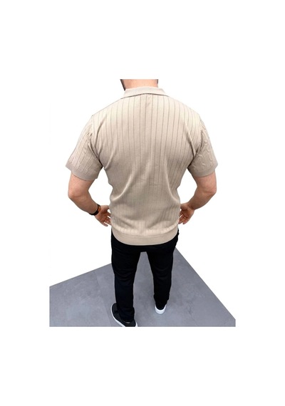 Erkek Yazlık Triko Saç Örgü Tişört Kısa Kol Polo Yaka Fermuarlı T-shirt - Bej