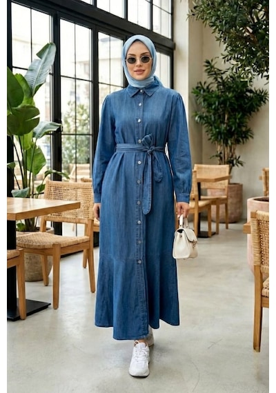 Hb Harma Time Butik Kadın Düğmeli Kuşaklı Koyu Kot Mavi Elbise Koyu Mavi