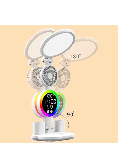 Monozone Rgb Yuvarlak Başlı Masa Lambası Fanlı Saatli 3renk Dokunmatik Şarjlı Kalemlik Telefon Standı Beyaz