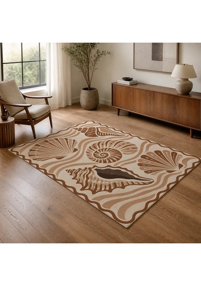 Kartela Halı Deniz Kabuğu Desenli Halı Bakır Kaymaz Taban Makinede Yıkanabilir Salon Halısı 60x90 Cm