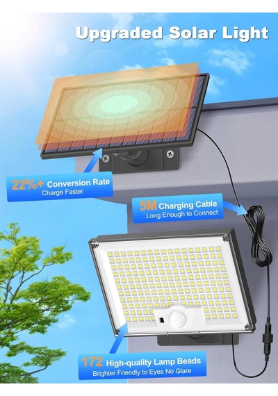 Sigrill Hareket Sensörlü Güneş Enerjili Işıklar, 172 Led, Ip65 Su Geçirmez, 5m Kablolu Sıcak Işık