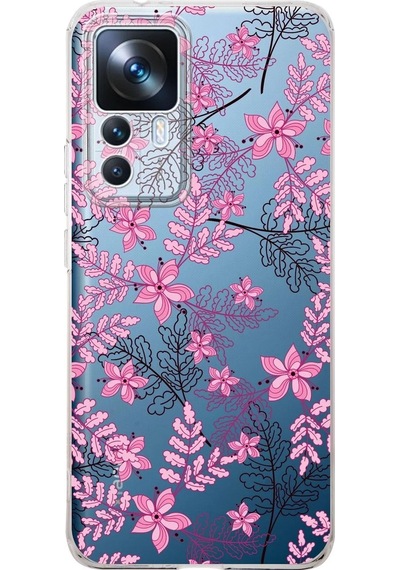 Xiaomi Mi 12t Kamera Korumalı Kapak Floral Pembe Tasarımlı Şeffaf Kılıf