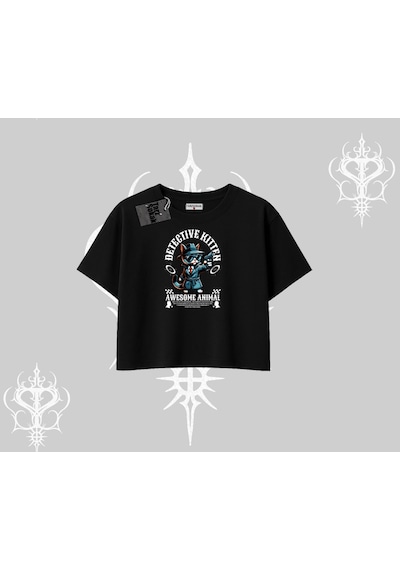 Tarzsokak Detective Kitten Kedi Baskılı Oversize Crop Tshirt Siyah