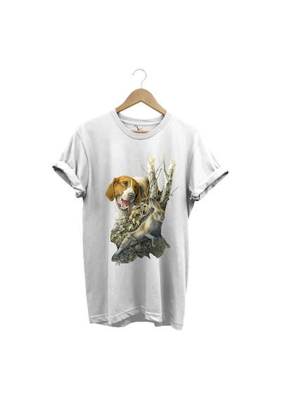 Avcılık Avcı Köpeği Ve Tavşan Baskılı Orman Temalı %100 Pamuk Regular Fit Beyaz T-shirt Beyaz